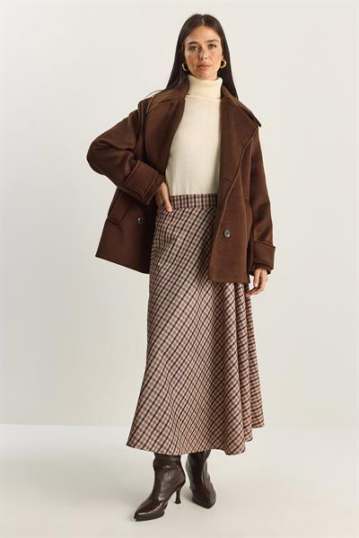 Kadın Ekose Desenli Uzun Etek DE251112 60283838 - Kahve