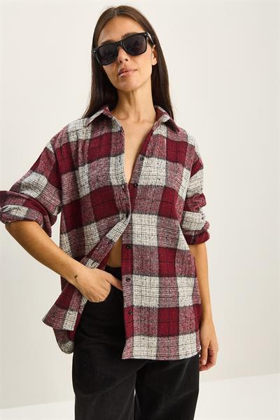 Kadın Ekose Oversize Oduncu Gömlek DG251060 60283804 - Bordo-Krem