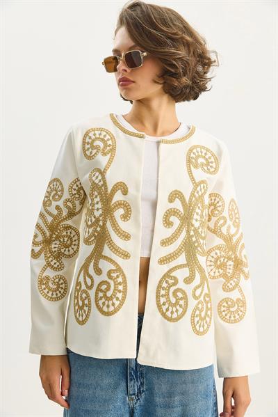 Kadın Etnik Desen Süzene Nakış İşlemeli Uzun Kollu Gabardin Ceket 2009 60283591 - Krem