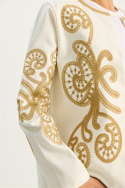 Kadın Etnik Desen Süzene Nakış İşlemeli Uzun Kollu Gabardin Ceket 2009 60283591 - Krem