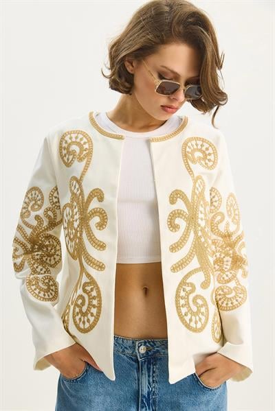 Kadın Etnik Desen Süzene Nakış İşlemeli Uzun Kollu Gabardin Ceket 2009 60283591 - Krem