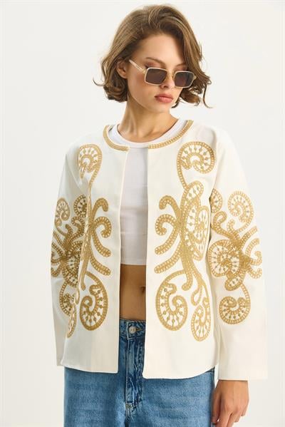 Kadın Etnik Desen Süzene Nakış İşlemeli Uzun Kollu Gabardin Ceket 2009 60283591 - Krem