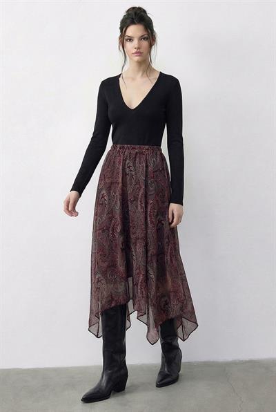 Kadın Etnik Desenli Asimetrik Kesim Astarlı Etek 60286034 - Bordo