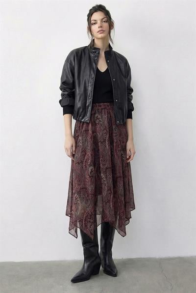 Kadın Etnik Desenli Asimetrik Kesim Astarlı Etek 60286034 - Bordo
