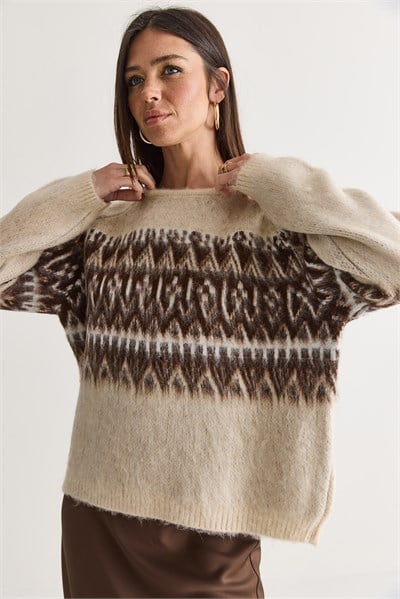 Kadın Etnik Desenli Bisiklet Yaka Oversize Şardonlu Triko Kazak 5161 60286697 - Bej