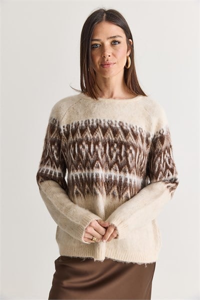 Kadın Etnik Desenli Bisiklet Yaka Oversize Şardonlu Triko Kazak 5161 60286697 - Bej