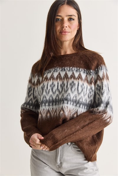 Kadın Etnik Desenli Bisiklet Yaka Oversize Şardonlu Triko Kazak 5161 60286697 - Kahverengi