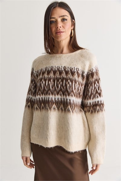 Kadın Etnik Desenli Bisiklet Yaka Oversize Şardonlu Triko Kazak 5161 60286697 - Bej