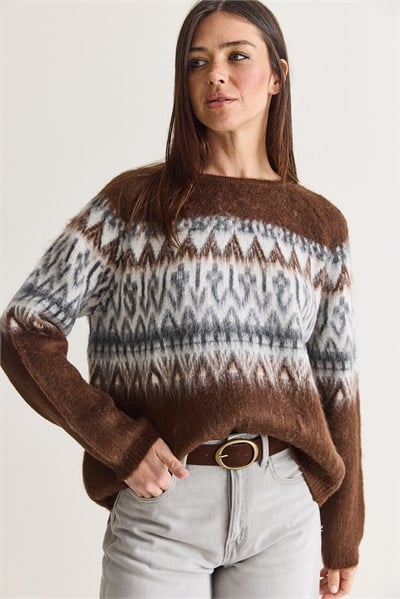Kadın Etnik Desenli Bisiklet Yaka Oversize Şardonlu Triko Kazak 5161 60286697 - Kahverengi