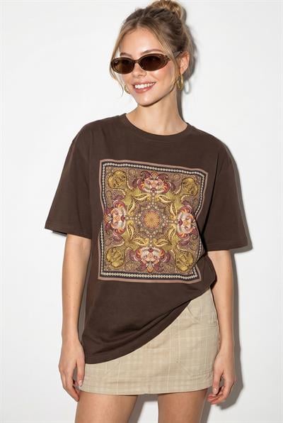Kadın Etnik Desenli Boncuk İşlemeli Baskı Detaylı Oversize T-Shirt 2128 60286123 - Kahverengi