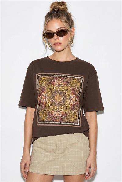 Kadın Etnik Desenli Boncuk İşlemeli Baskı Detaylı Oversize T-Shirt 2128 60286123 - Kahverengi