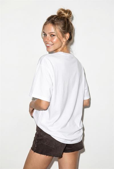 Kadın Etnik Desenli Boncuk İşlemeli Baskı Detaylı Oversize T-Shirt 2128 60286123 - Beyaz