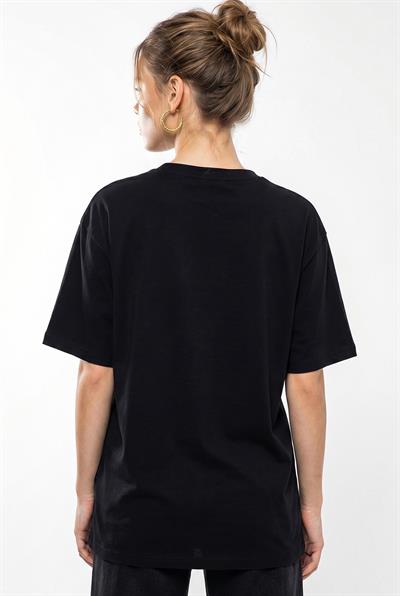 Kadın Etnik Desenli Boncuk İşlemeli Baskı Detaylı Oversize T-Shirt 2128 60286123 - Siyah