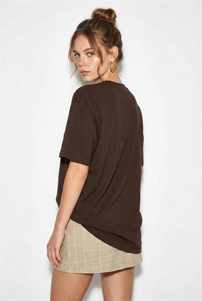 Kadın Etnik Desenli Boncuk İşlemeli Baskı Detaylı Oversize T-Shirt 2128 60286123 - Kahverengi