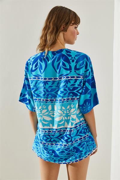 Kadın Etnik Desenli Kısa Kollu Viskon Kimono 60251374 - Mavi