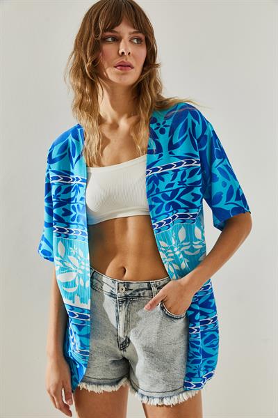Kadın Etnik Desenli Kısa Kollu Viskon Kimono 60251374 - Mavi