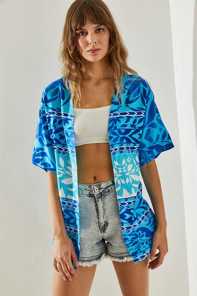 Kadın Etnik Desenli Kısa Kollu Viskon Kimono 60251374 - Mavi