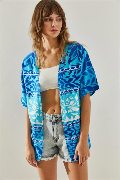 Kadın Etnik Desenli Kısa Kollu Viskon Kimono 60251374 - Mavi
