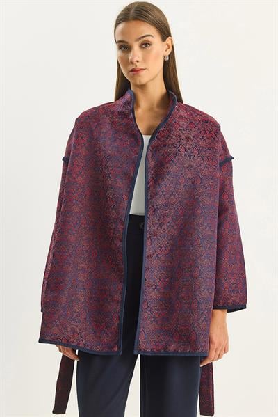 Kadın Etnik Desenli Kuşaklı Oversize Kimono 4159 60283674 - Bordo
