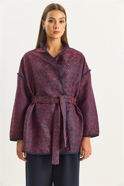 Kadın Etnik Desenli Kuşaklı Oversize Kimono 4159 60283674 - Bordo