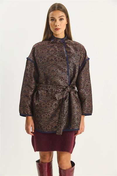 Kadın Etnik Desenli Kuşaklı Oversize Kimono 4159 60283674 - Acı Kahve