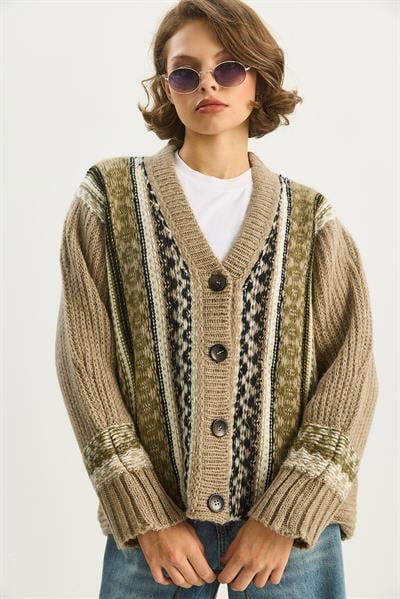 Kadın Etnik Desenli Oversize V Yaka Düğmeli Kalın Triko Hırka 5057 60283576 - Vizon