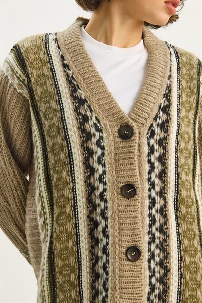 Kadın Etnik Desenli Oversize V Yaka Düğmeli Kalın Triko Hırka 5057 60283576 - Vizon