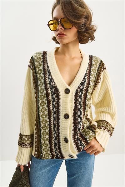 Kadın Etnik Desenli Oversize V Yaka Düğmeli Kalın Triko Hırka 5057 60283576 - Krem