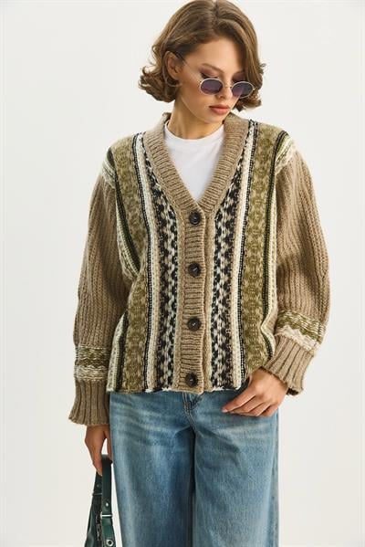 Kadın Etnik Desenli Oversize V Yaka Düğmeli Kalın Triko Hırka 5057 60283576 - Vizon