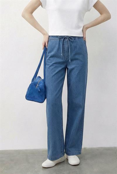 Kadın Fermuarlı Belden Bağlamalı Cep Detaylı Denim Alt-Üst Takım 60597 60286011 - Buz Mavisi