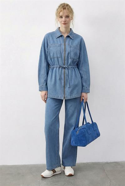 Kadın Fermuarlı Belden Bağlamalı Cep Detaylı Denim Alt-Üst Takım 60597 60286011 - Buz Mavisi