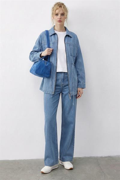 Kadın Fermuarlı Belden Bağlamalı Cep Detaylı Denim Alt-Üst Takım 60597 60286011 - Buz Mavisi