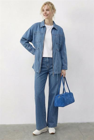 Kadın Fermuarlı Belden Bağlamalı Cep Detaylı Denim Alt-Üst Takım 60597 60286011 - Buz Mavisi