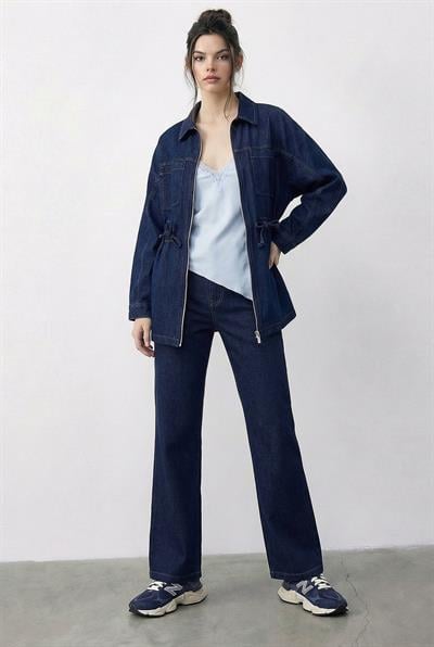 Kadın Fermuarlı Belden Bağlamalı Cep Detaylı Denim Alt-Üst Takım 60597 60286011 - Lacivert