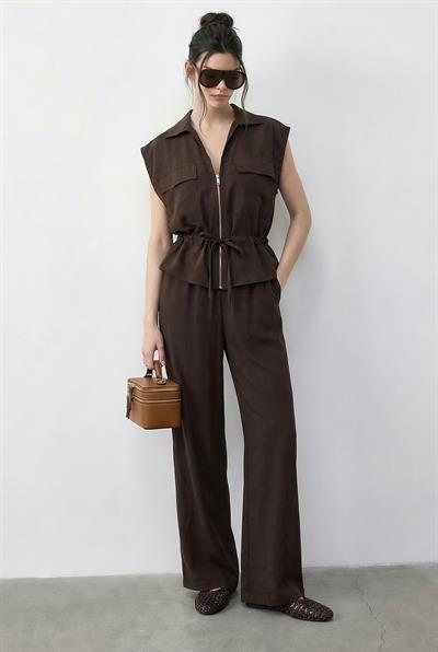 Kadın Fermuarlı Çift Cepli Ayarlanabilir Yelek Beli Lastikli Cepli Pantolon Modal Alt-Üst Takım 8051 60286045 - Acı Kahve