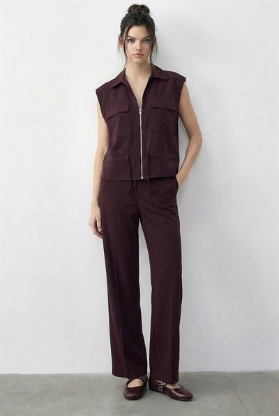 Kadın Fermuarlı Çift Cepli Ayarlanabilir Yelek Beli Lastikli Cepli Pantolon Modal Alt-Üst Takım 8051 60286045 - Mürdüm