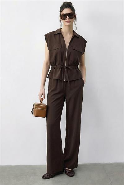 Kadın Fermuarlı Çift Cepli Ayarlanabilir Yelek Beli Lastikli Cepli Pantolon Modal Alt-Üst Takım 8051 60286045 - Acı Kahve