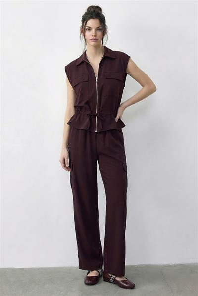 Kadın Fermuarlı Çift Cepli Ayarlanabilir Yelek Beli Lastikli Cepli Pantolon Modal Alt-Üst Takım 8051 60286045 - Mürdüm