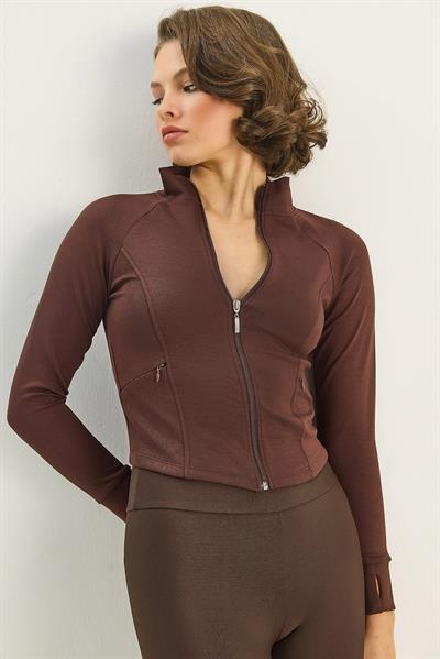 Kadın Fermuarlı Dik Yaka Fitted Çift Cepli Sporcu Hırka 534 60283632 - Acı Kahve