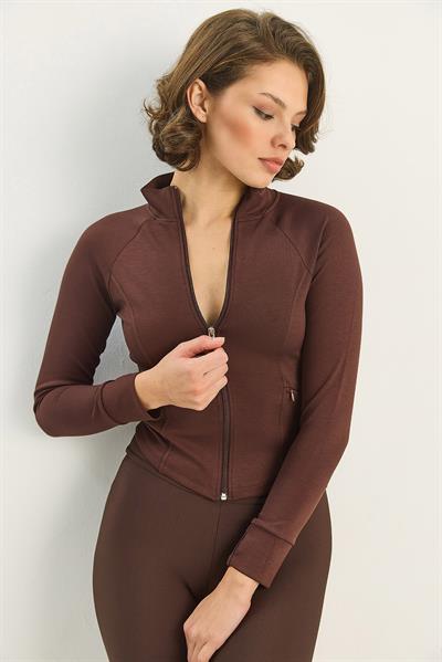 Kadın Fermuarlı Dik Yaka Fitted Çift Cepli Sporcu Hırka 534 60283632 - Acı Kahve