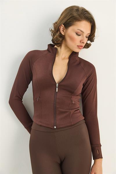 Kadın Fermuarlı Dik Yaka Fitted Çift Cepli Sporcu Hırka 534 60283632 - Acı Kahve