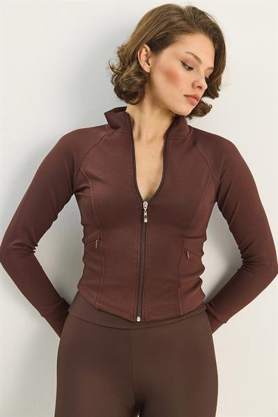 Kadın Fermuarlı Dik Yaka Fitted Çift Cepli Sporcu Hırka 534 60283632 - Acı Kahve