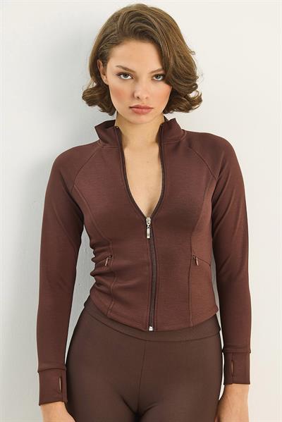 Kadın Fermuarlı Dik Yaka Fitted Çift Cepli Sporcu Hırka 534 60283632 - Acı Kahve