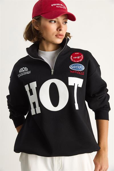 Kadın Fermuarlı Dik Yaka İşlemeli Üç İplik Şardonlu Oversize Sweatshirt 10006 60284067 - Siyah