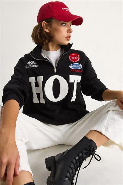 Kadın Fermuarlı Dik Yaka İşlemeli Üç İplik Şardonlu Oversize Sweatshirt 10006 60284067 - Siyah