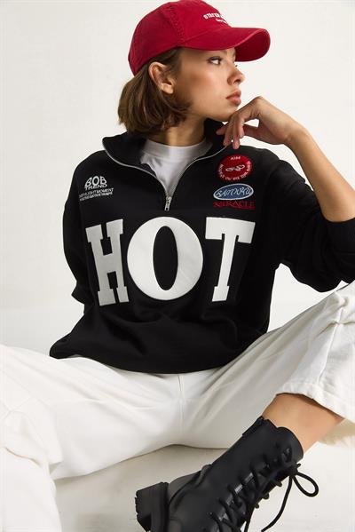Kadın Fermuarlı Dik Yaka İşlemeli Üç İplik Şardonlu Oversize Sweatshirt 10006 60284067 - Siyah