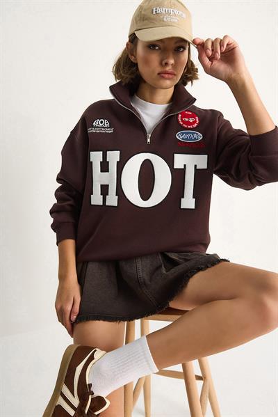 Kadın Fermuarlı Dik Yaka İşlemeli Üç İplik Şardonlu Oversize Sweatshirt 10006 60284067 - Acı Kahve