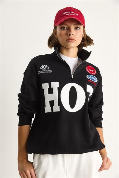 Kadın Fermuarlı Dik Yaka İşlemeli Üç İplik Şardonlu Oversize Sweatshirt 10006 60284067 - Siyah