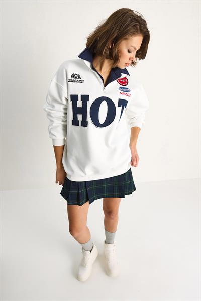 Kadın Fermuarlı Dik Yaka İşlemeli Üç İplik Şardonlu Oversize Sweatshirt 10006 60284067 - Beyaz