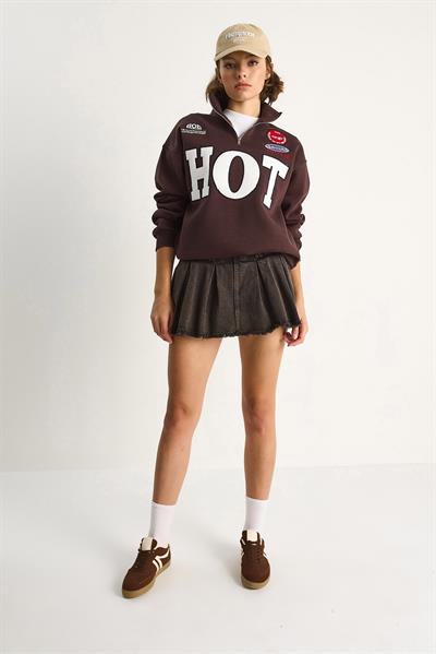 Kadın Fermuarlı Dik Yaka İşlemeli Üç İplik Şardonlu Oversize Sweatshirt 10006 60284067 - Acı Kahve